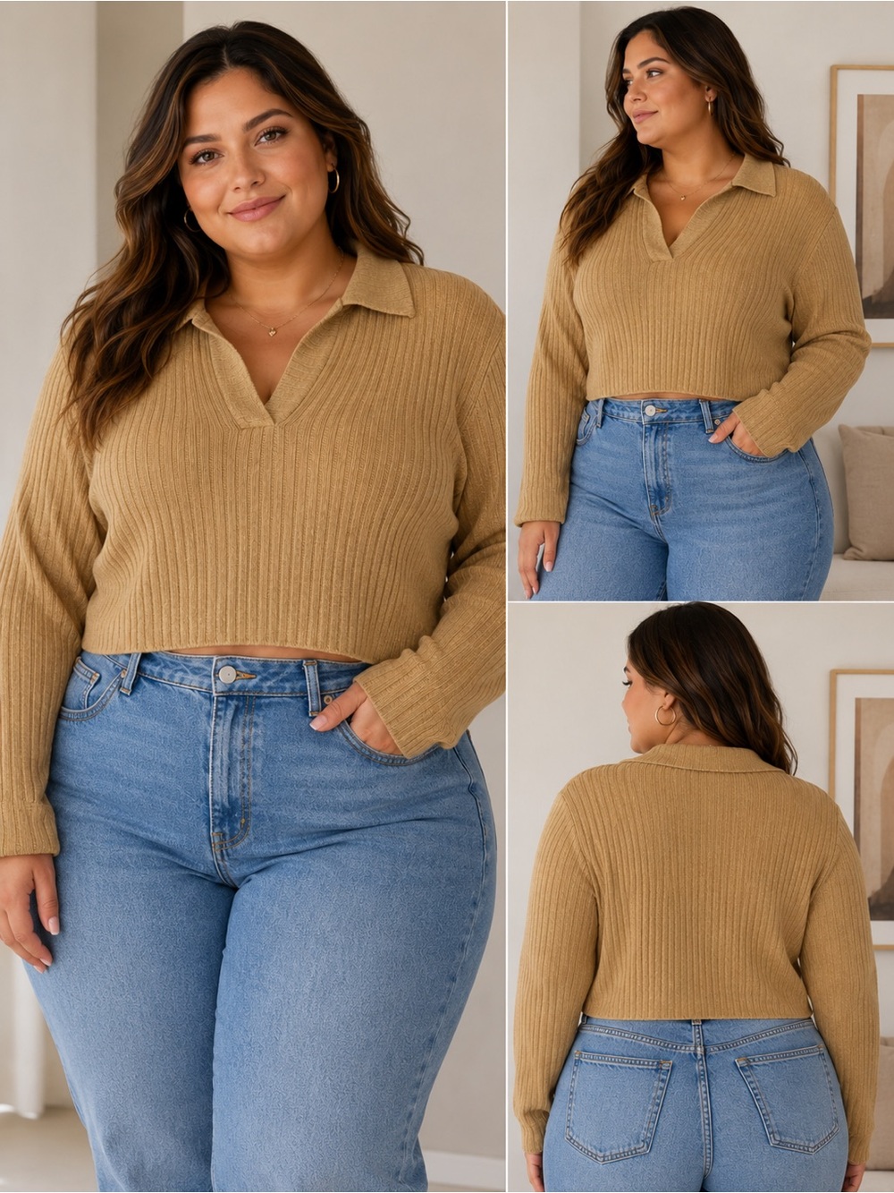 And Now This Ribbed Cropped Polo Sweater 2X Tan Long Sleeve